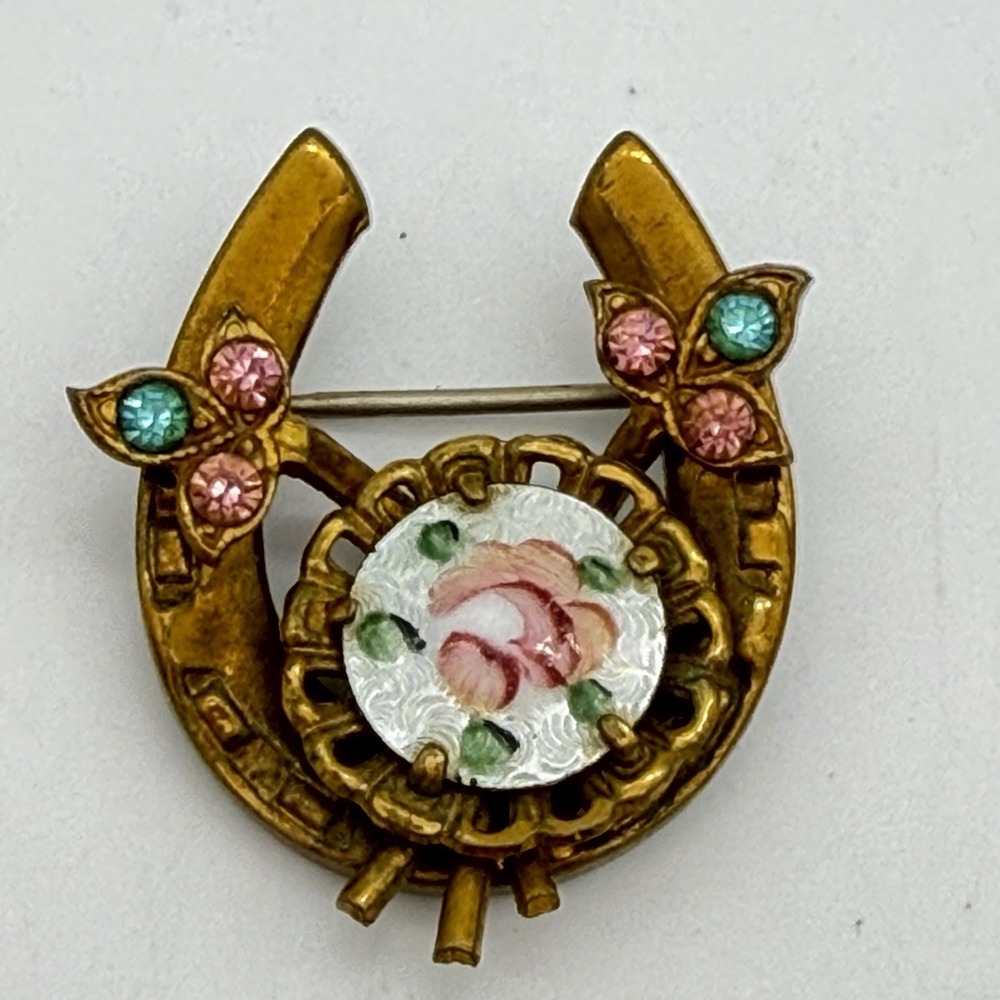 Vtg Guilloche Enamel Rose Horseshoe Pin Brooch Victorian Revival